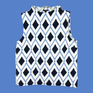 Talbots White Blue Diamond Sleeveless Top Womens Size XL Button Shoulder Flaw